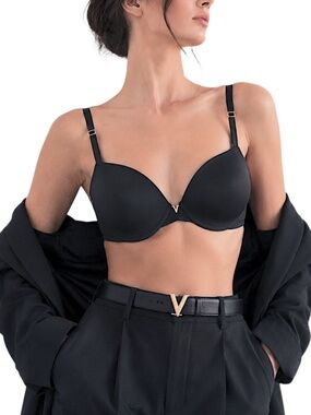 Victorias Secret black gold tone metal v smooth padded underwire push up bra 36B